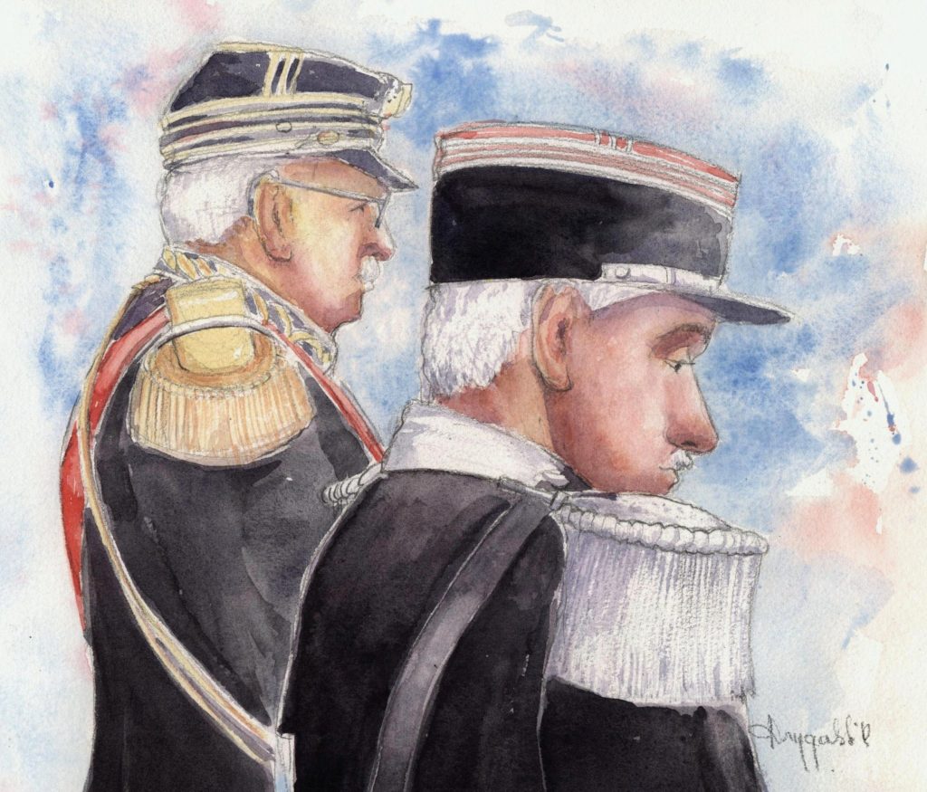  Au second plan, le Général Jean-Claude Payen qui nous a quitté à la veille de la Madeleine 2019, et, au premier plan, le Colonel - Commandant en Chef Lucien Cleempoel, qui nous a quitté en 2016. (Dessin de Raymond Drygalski. Tous droits réservés).  